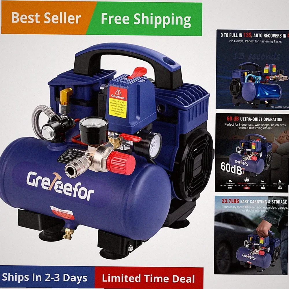 Air Compressor, 1 Gallon Ultra Quiet Portable 60 dB, 13-Second Quick Fill, 1...