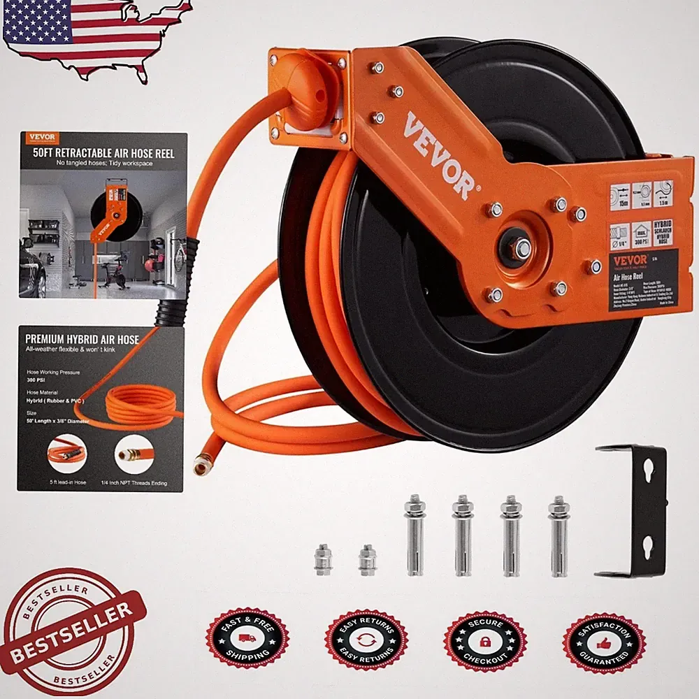 Air Compressor Hose Reel 50ft 3/8" Hybrid Auto Rewind Wall Mount