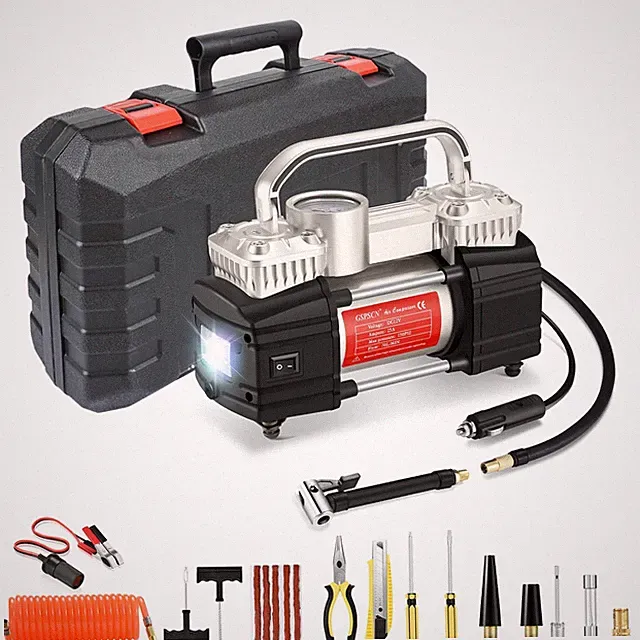 Heavy-Duty 150PSI Tire Inflator with Dual Cylinder & LED Light & Repair Kit