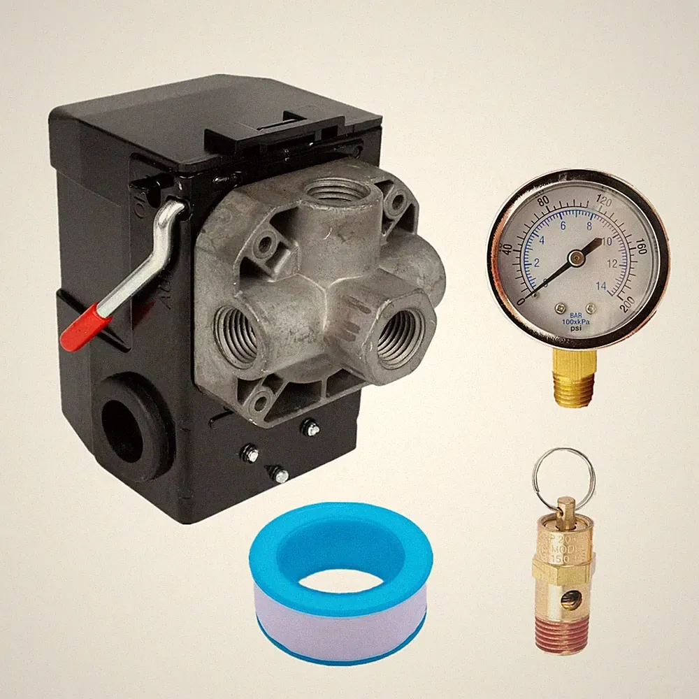 Pressure Switch Air Compressor 145-175 Psi 4 Port 26AMP w/0-200 psi Gauge & 2...