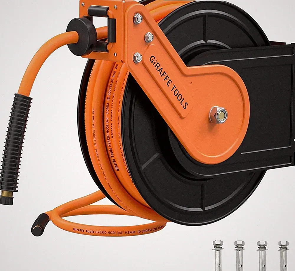Retractable Air Hose Reel, 3/8" Hybrid Hose, Air Compressor Heavy Duty Steel Ree